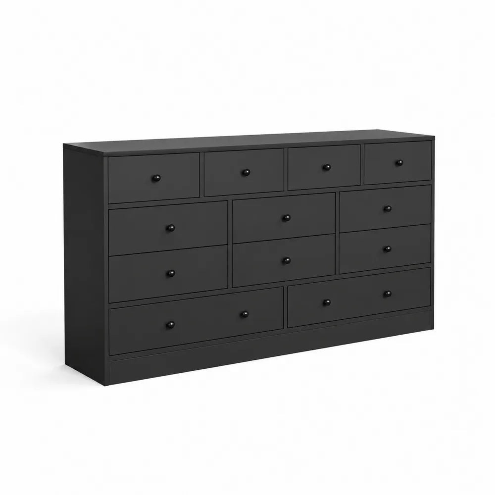 Schwarze MDF-Kommode mit 12 Schubladen, 140x40x90 cm