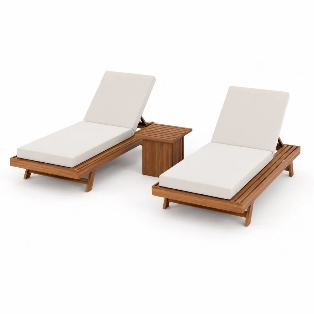 2er Set Gartenliegen Akazienholz mit Beistelltisch Cremeweiß