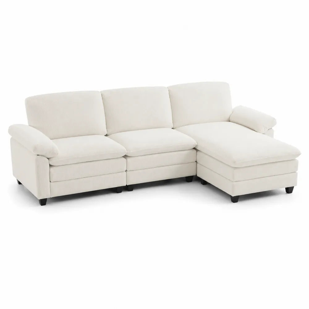 Ecksofa aus Cordstoff mit Ottomane, Creme
