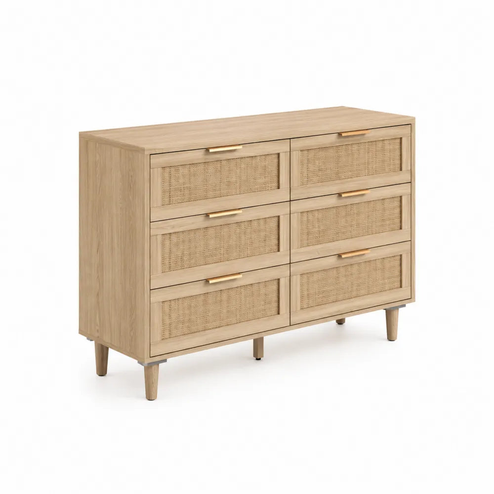 Holzkommode mit 6 Rattanschubladen Eichenoptik