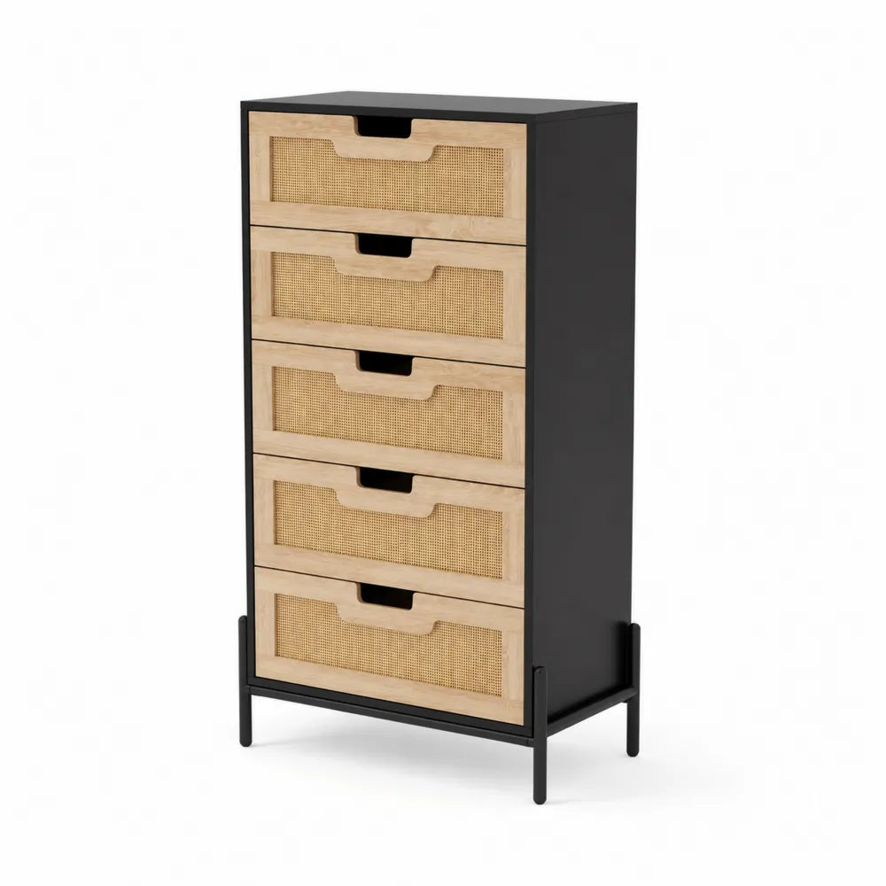 Holz- und Rattan-Kommode mit 5 Schubladen