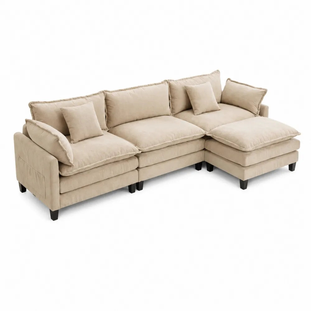 Ecksofa aus Mikrofaser Beige mit Hocker